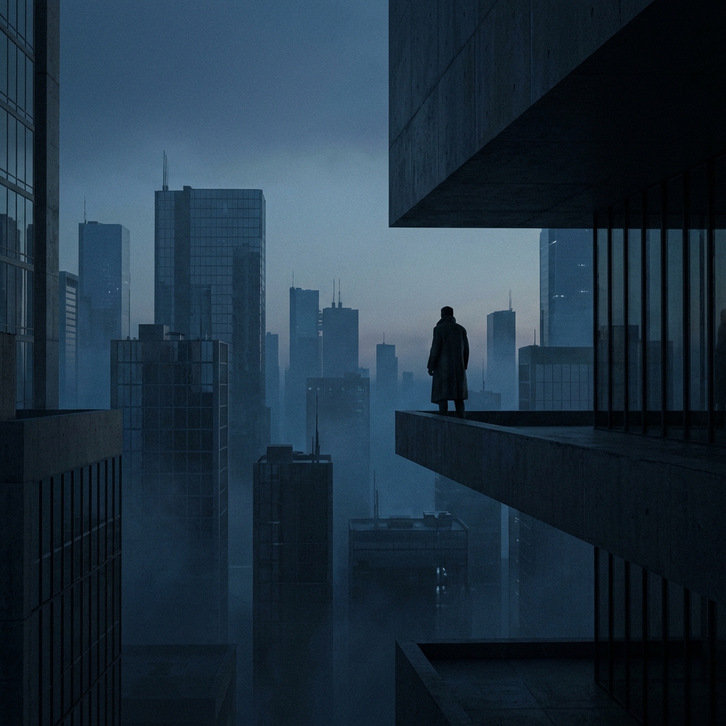 Lone figure overlooking silent city