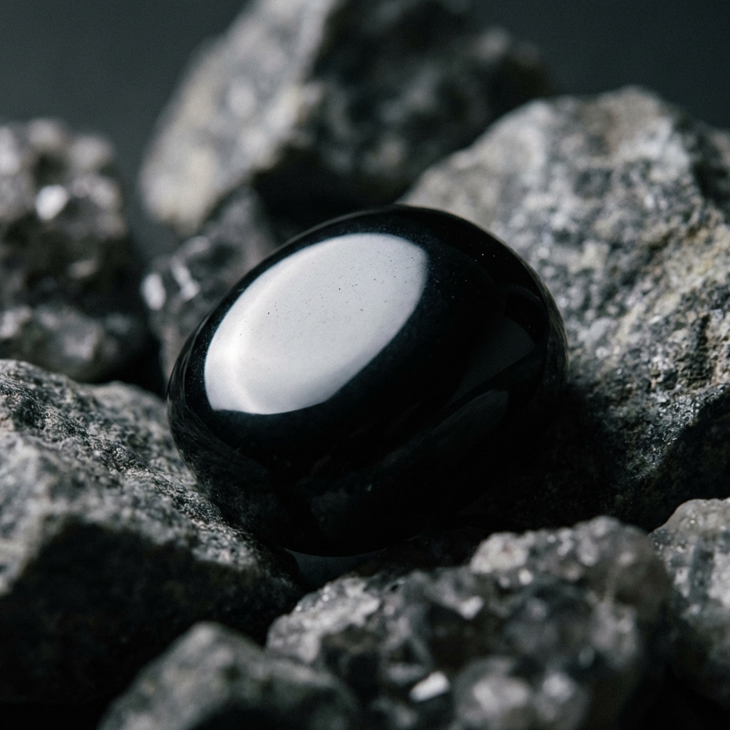 Polished obsidian stone among raw rocks